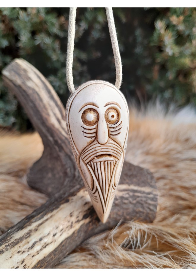 Hand-carved Viking Raven head amulet with Helm of Awe symbol and God Odin face.  