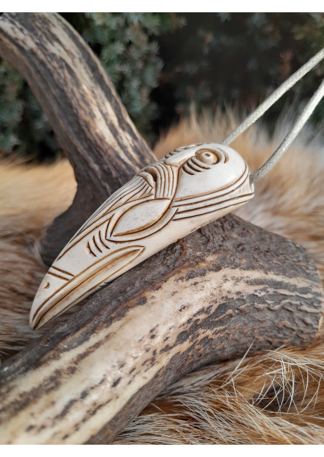 Hand-carved Viking Raven head amulet with Helm of Awe symbol and God Odin face.  