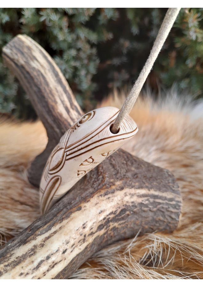 Hand-carved Viking Raven head amulet with Helm of Awe symbol and God Odin face.  