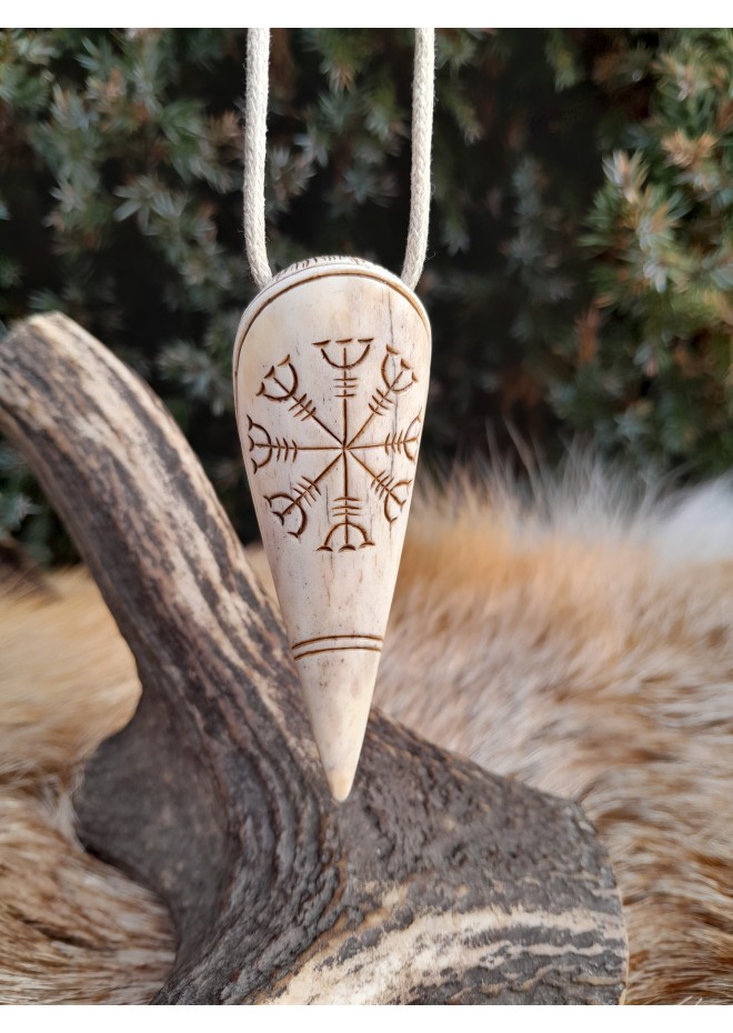 Hand-carved Viking Raven head amulet with Helm of Awe symbol and God Odin face.  