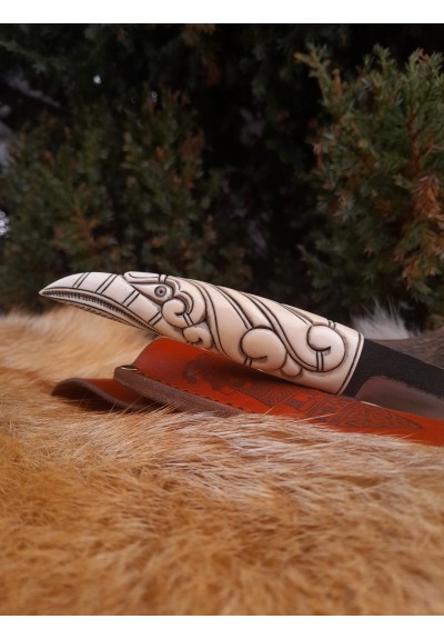 Hand-forged Norse Viking knife with hand-carved Raven handle. Odin's Raven.