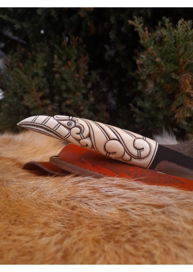 Viking style knife with hand-carved handle and leather sheath. Odin Raven head handle. Hand-forged blade.