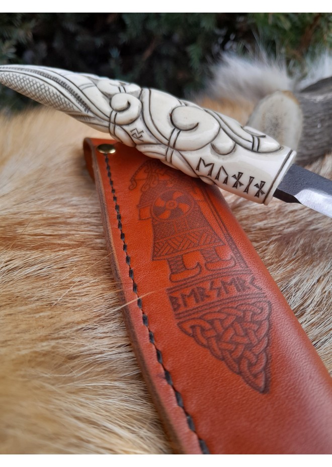 Viking style knife with hand-carved handle and leather sheath. Odin Raven head handle. Hand-forged blade.