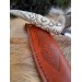 Viking style knife with hand-carved handle and leather sheath. Odin Raven head handle. Hand-forged blade.