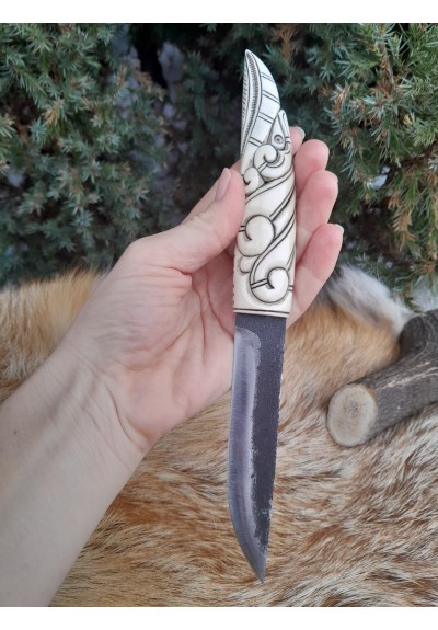 Hand-forged Norse Viking knife with hand-carved Raven handle. Odin's Raven.