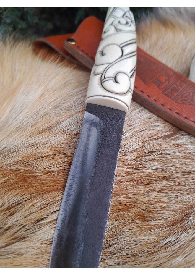 Viking style knife with hand-carved handle and leather sheath. Odin Raven head handle. Hand-forged blade.