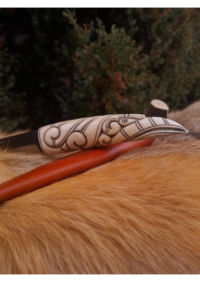 Viking style knife with hand-carved handle and leather sheath. Odin Raven head handle. Hand-forged blade.