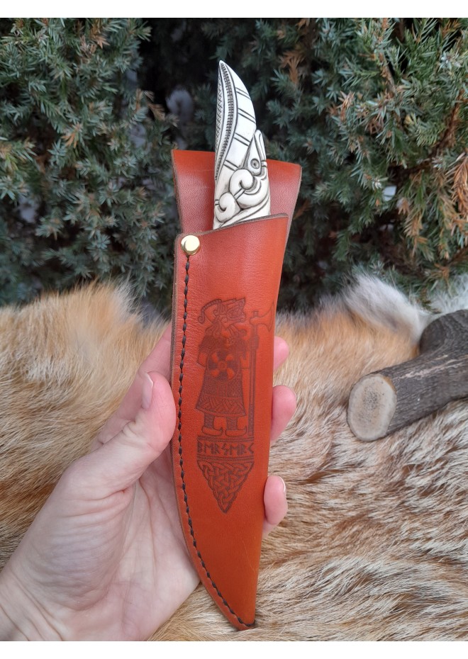 Viking style knife with hand-carved handle and leather sheath. Odin Raven head handle. Hand-forged blade.