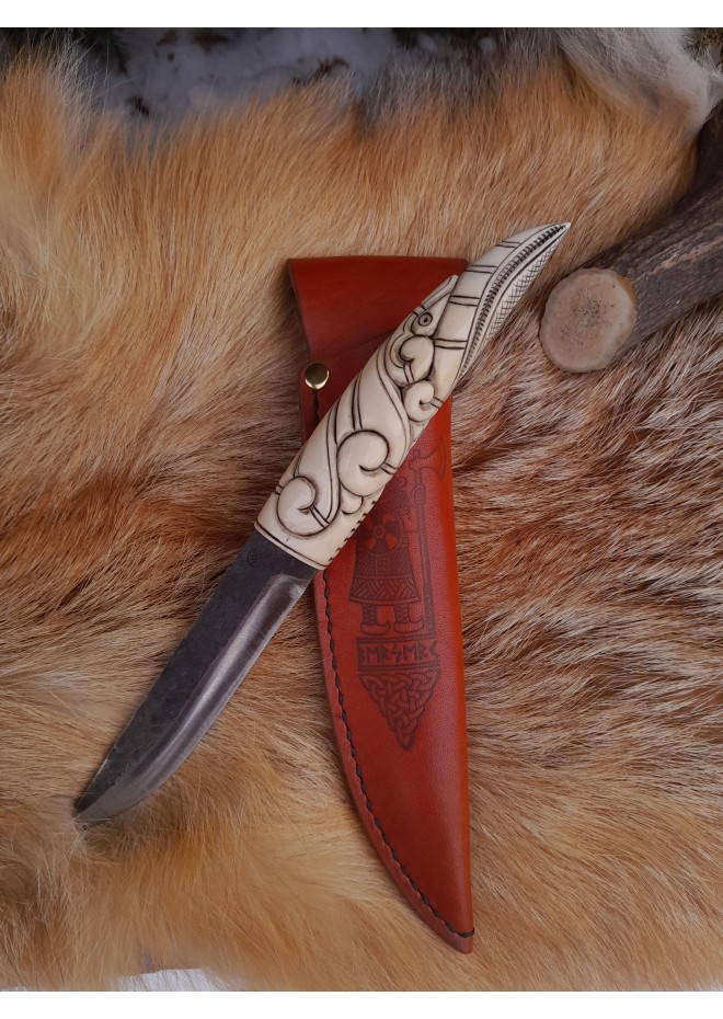 Viking style knife with hand-carved handle and leather sheath. Odin Raven head handle. Hand-forged blade.