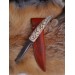 Viking style knife with hand-carved handle and leather sheath. Odin Raven head handle. Hand-forged blade.