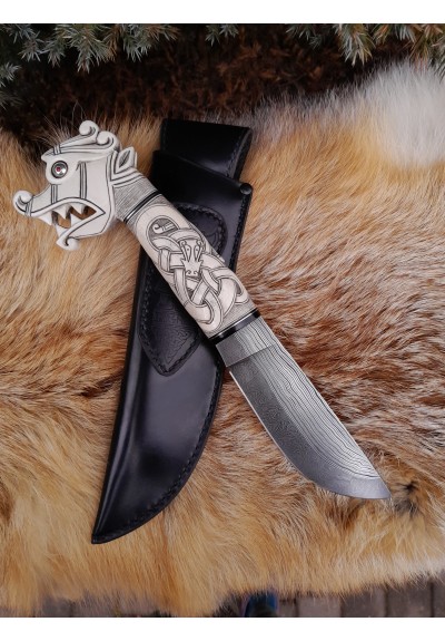 Handmade designer Norse knife. Viking seax. Hand-carved Dragon handle and hand-forged Damascus blade, leather sheath