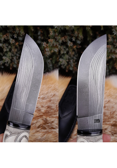 Handmade designer Norse knife. Viking seax. Hand-carved Dragon handle and hand-forged Damascus blade, leather sheath