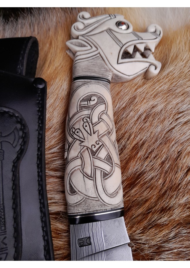 Norse knife with Dragon pattern. Hand-carved Dragon handle. 