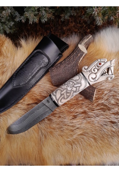 Handmade designer Norse knife. Viking seax. Hand-carved Dragon handle and hand-forged Damascus blade, leather sheath