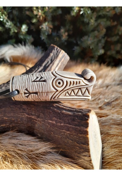 Norse, Viking Dragon powerful amulet with runes. Oseberg art. Dreki pendant. Perfect accessory for Viking. Moose antlers hand-carved