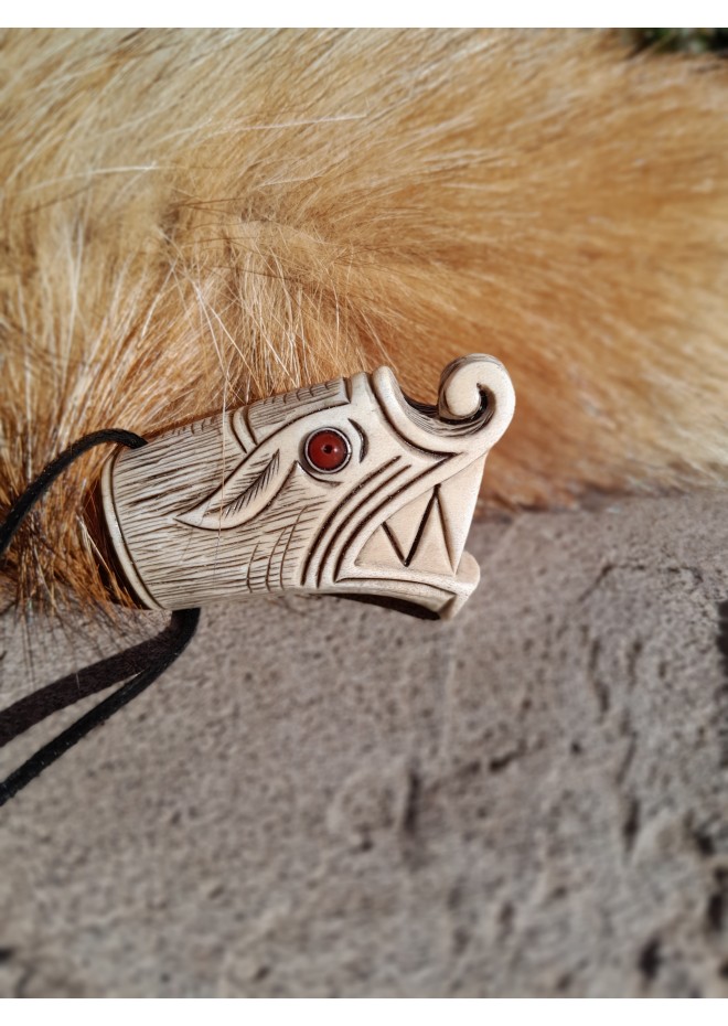 Viking Wolf head amulet with protection Algiz rune. Fenrir necklace. Pagan, Celtic, Nordic jewelry - unique antler hand-carving