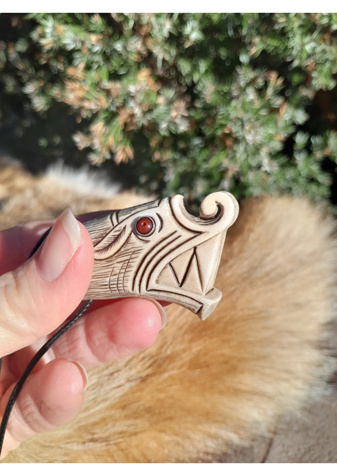 Viking Wolf head amulet with protection Algiz rune. Fenrir necklace. Pagan, Celtic, Nordic jewelry - unique antler hand-carving