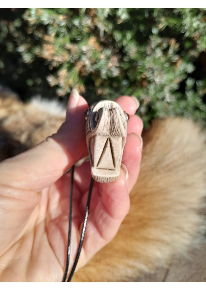 Viking Wolf head amulet with protection Algiz rune. Fenrir necklace. Pagan, Celtic, Nordic jewelry - unique antler hand-carving