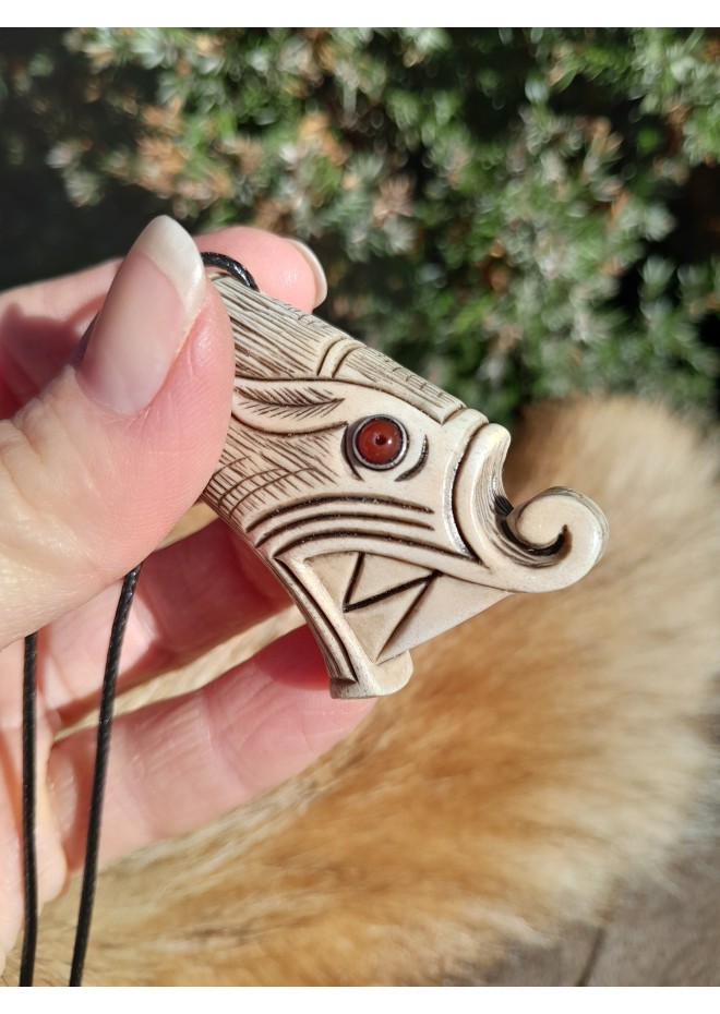 Viking Wolf head amulet with protection Algiz rune. Fenrir necklace. Pagan, Celtic, Nordic jewelry - unique antler hand-carving