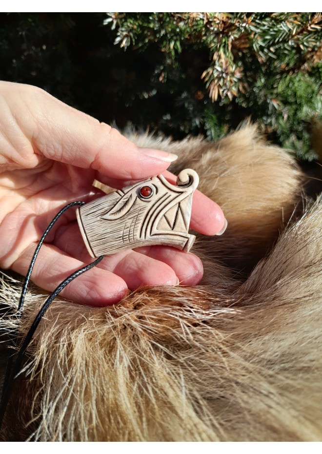 Viking Wolf head amulet with protection Algiz rune. Fenrir necklace. Pagan, Celtic, Nordic jewelry - unique antler hand-carving