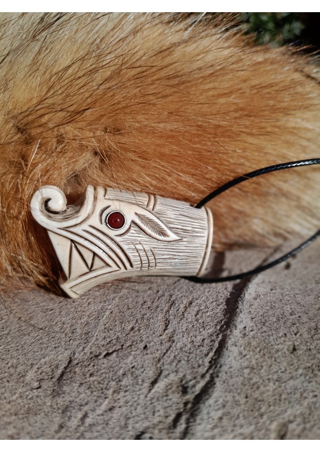 Viking Wolf head amulet with protection Algiz rune. Fenrir necklace. Pagan, Celtic, Nordic jewelry - unique antler hand-carving