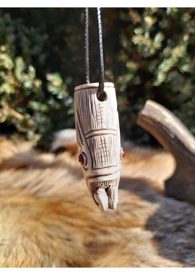 Viking Wolf head amulet with protection Algiz rune. Fenrir necklace. Pagan, Celtic, Nordic jewelry - unique antler hand-carving