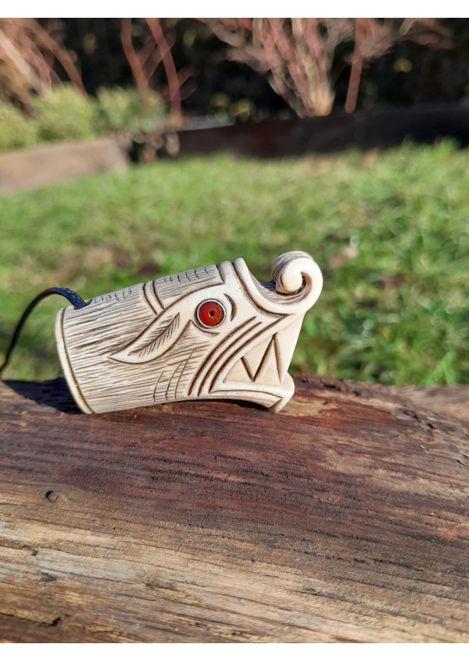 Viking Wolf head amulet with protection Algiz rune. Fenrir necklace. Pagan, Celtic, Nordic jewelry - unique antler hand-carving