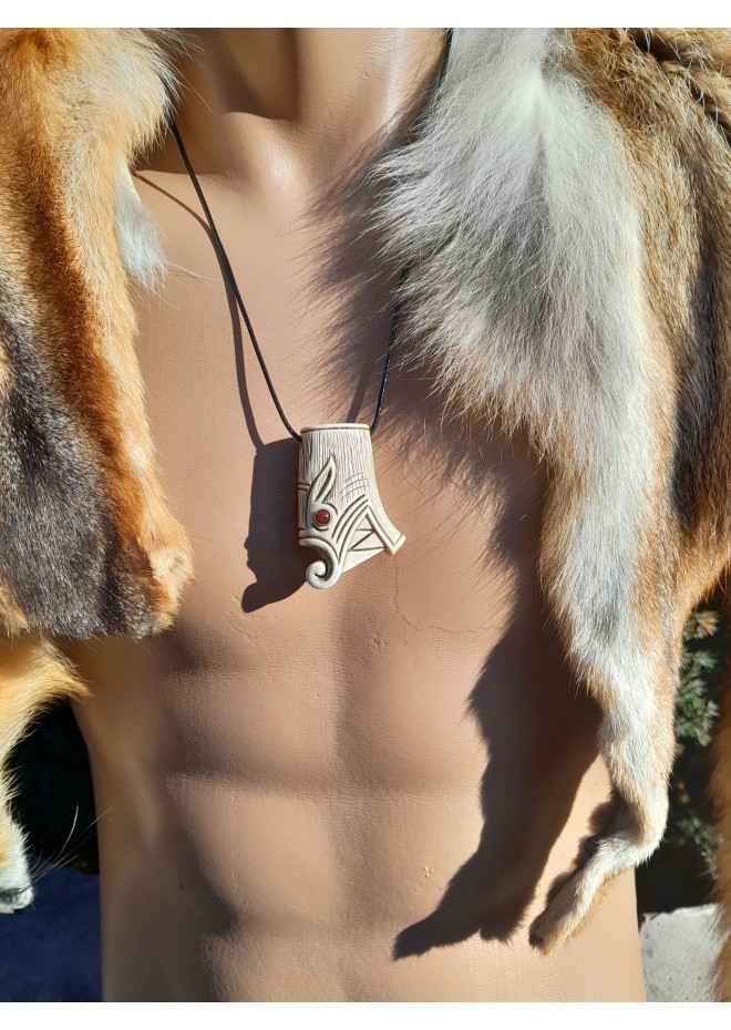 Viking Wolf head amulet with protection Algiz rune. Fenrir necklace. Pagan, Celtic, Nordic jewelry - unique antler hand-carving