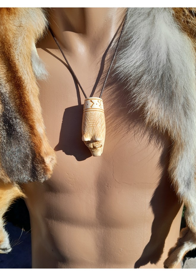 Antler hand-carved Viking Bear runic amulet, Berserker warrior spirit. Norse mythology art. Nordic, Pagan jewelry, Viking totemic talisman