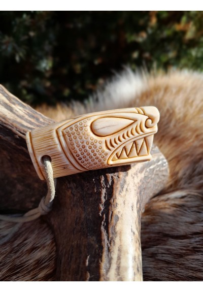 Norse, Viking Dragon amulet with Ansuz rune. Oseberg art.  Dreki pendant. Moose antlers hand-carved