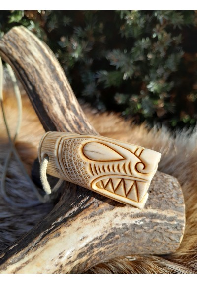 Norse, Viking Dragon amulet with Ansuz rune. Oseberg art.  Dreki pendant. Moose antlers hand-carved