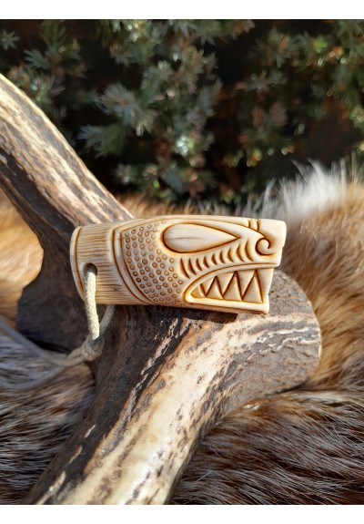 Norse, Viking Dragon amulet with Ansuz rune. Oseberg art.  Dreki pendant. Moose antlers hand-carved