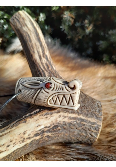 Norse Viking wolf head amulet. Berserker necklace. Moose antlers hand-carved 