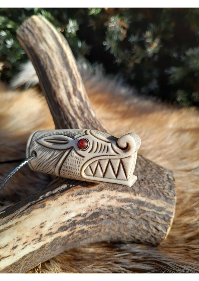 Antler hand-carved Viking Wolf amulet. Fenrir necklace. Pagan totem animal.