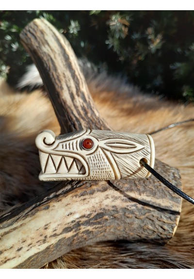 Norse Viking wolf head amulet. Berserker necklace. Moose antlers hand-carved 