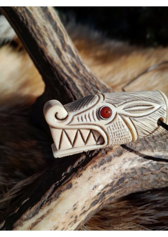 Antler hand-carved Viking Wolf amulet. Fenrir necklace. Pagan totem animal.