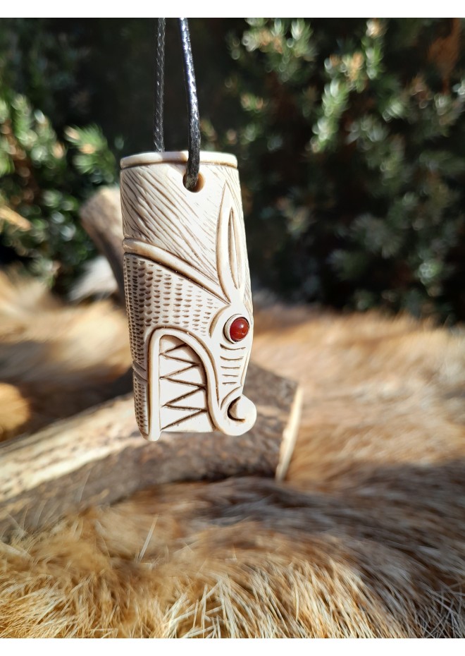 Antler hand-carved Viking Wolf amulet. Fenrir necklace. Pagan totem animal.