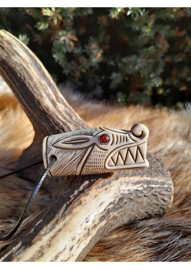 Antler hand-carved Viking Wolf amulet. Fenrir necklace. Pagan totem animal.