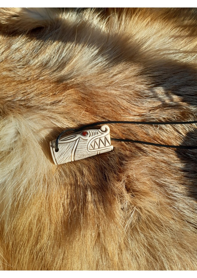 Antler hand-carved Viking Wolf amulet. Fenrir necklace. Pagan totem animal.