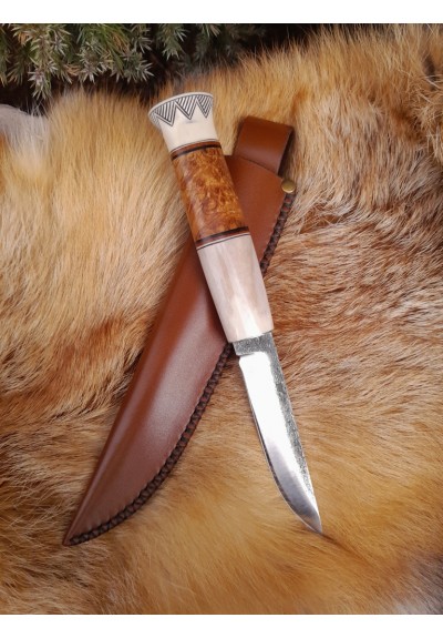 Handmade Finnish Puukko knife with master engraving and leather sheath. Hand-forged Carbon steel blade. Antler and wood handle.