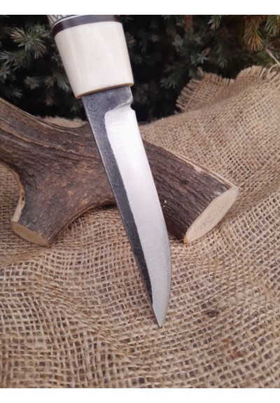 Handmade Finnish traditional knife "Puukko" with master engraving and leather sheath. Hand-forged Carbon steel blade. Antler and wood handle