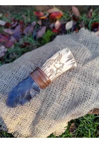 Handmade Neolithic ritual knife with flint blade (modern reconstruction). Primitive flint knapped dagger. Stone age. Pagan primal art