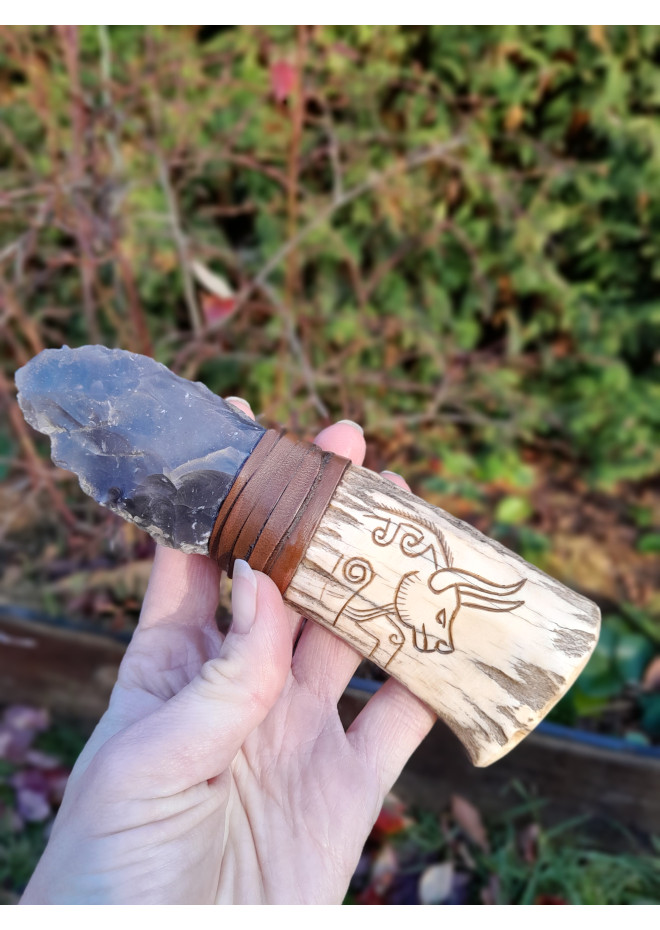 Handmade Neolithic ritual knife with flint blade (modern reconstruction). 