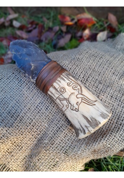 Handmade Neolithic ritual knife with flint blade (modern reconstruction). Primitive flint knapped dagger. Stone age. Pagan primal art