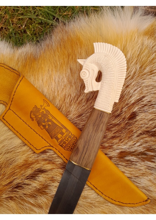 Handmade designer Norse knife "Sleipnir". Hand-carved antler handle.