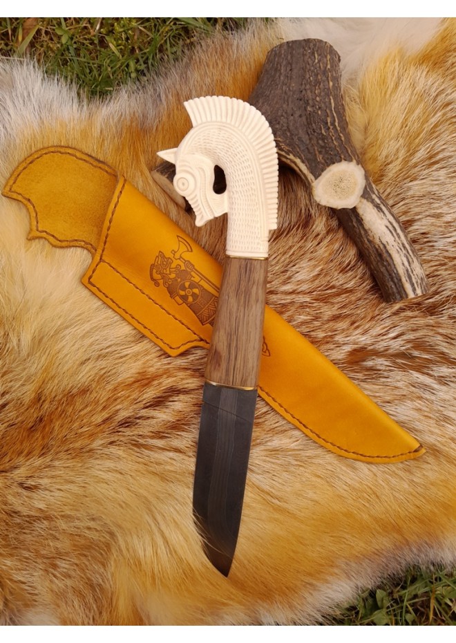 Handmade designer Norse knife "Sleipnir". Hand-carved antler handle.