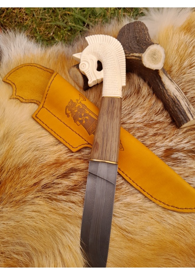 Handmade designer Norse knife "Sleipnir". Hand-carved antler handle.