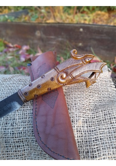 Viking knife "Norse Dragon" with leather sheath. Hand-forged steel. Hand-carved handle