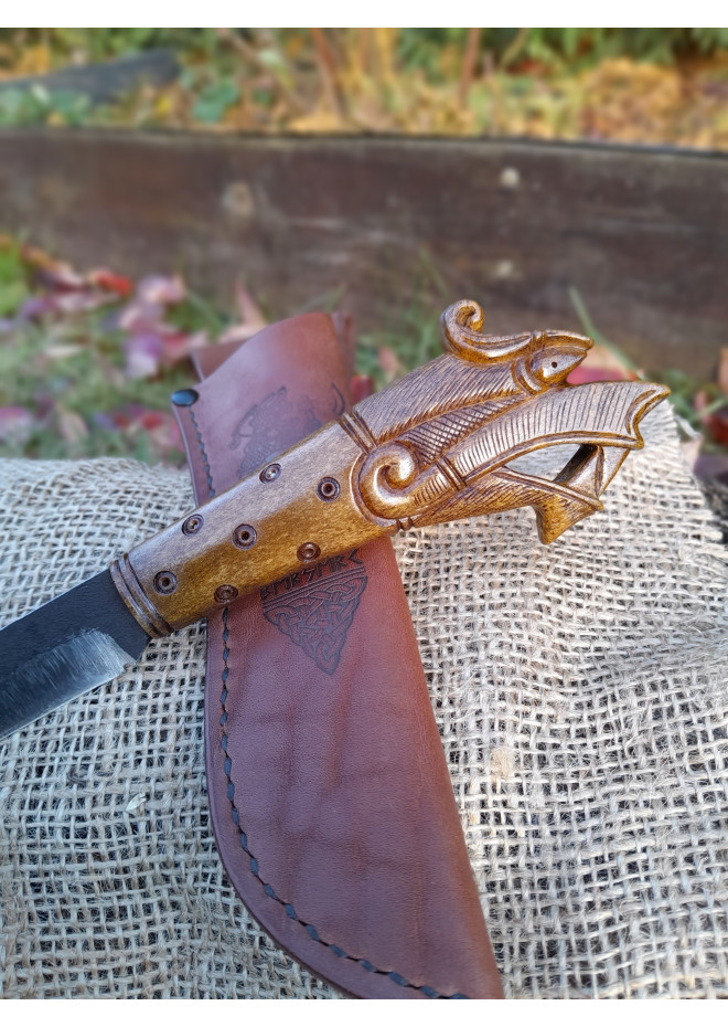 Hand-carved Dragon handle. Exclusive Viking style knife with leather sheath. Hand-forged Carbon steel. Drakkar art.