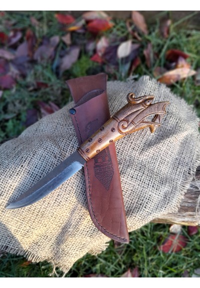 Viking knife "Norse Dragon" with leather sheath. Hand-forged steel. Hand-carved handle